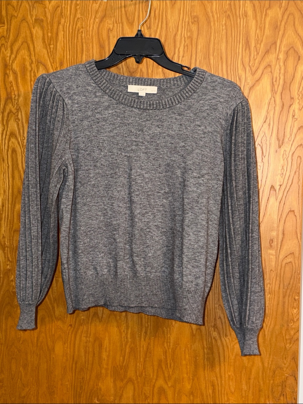 LOFT Heather Gray Ribbed-Panel Crewneck Sweater